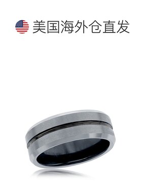 自营blackjackBACKJACK 哑光和抛光银和黑色条纹钨戒指 - 银白色