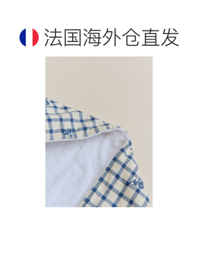 欧洲直邮自营Sezane 婴儿蓝色棉质格纹刺绣花朵浴巾斗篷