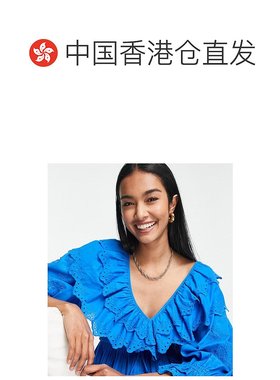 香港直邮潮奢 Topshop 女士 皱褶刺绣迷你深蓝色连衣裙