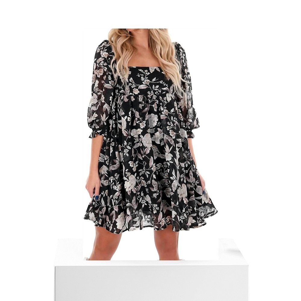 sweet lemonTextured Floral Print Babydoll Dress In Black Flo - 图3