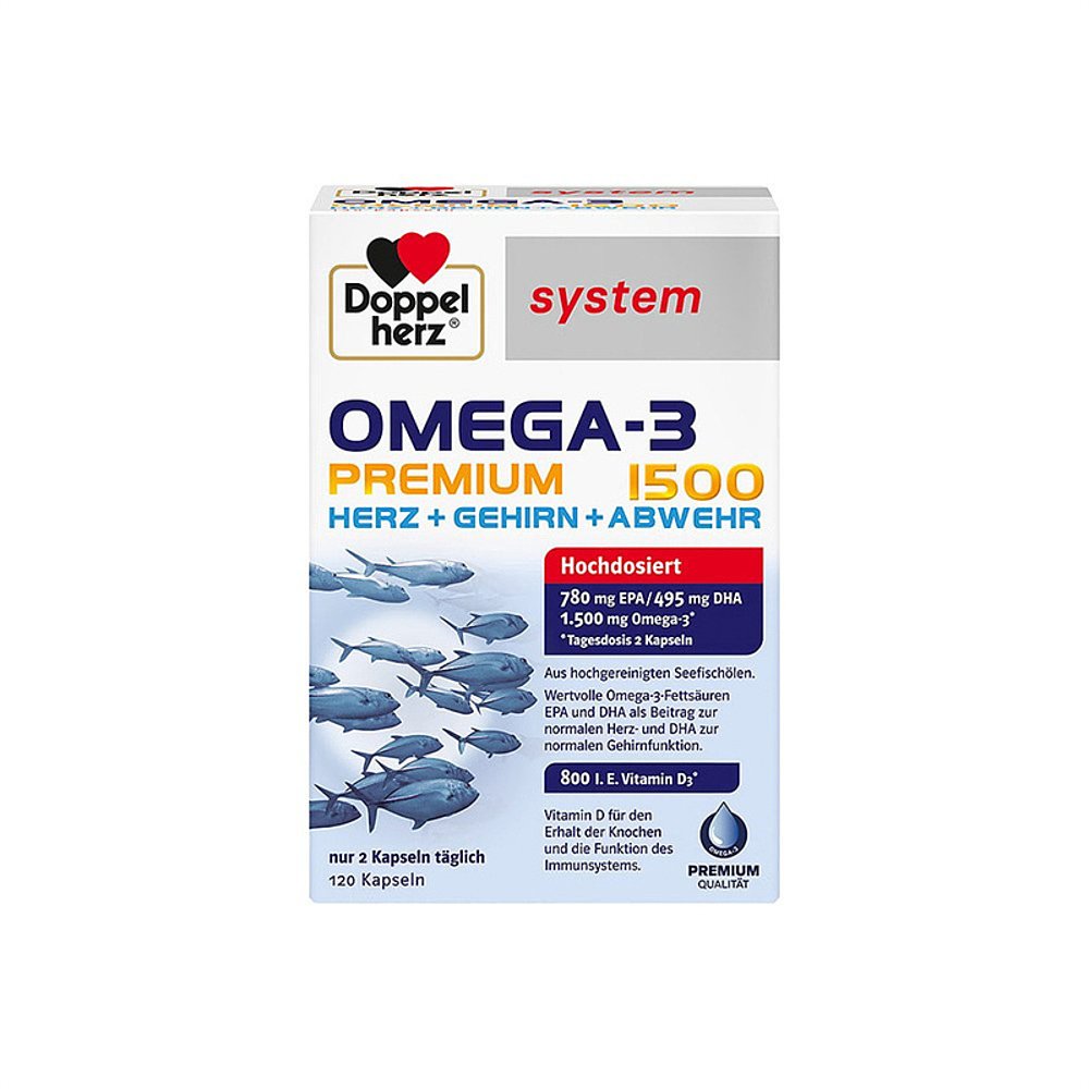 欧洲直邮德国药房Doppelherz双心Omega3胶囊120粒深海鱼油护心脑