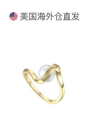 自营 genevive纯银 14k 金镀 7 毫米白色淡水珍珠承诺堆叠丝带戒