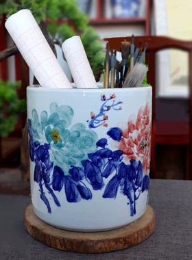 大号手绘笔筒景德镇青花瓷小画缸