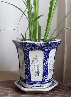 带托盘景德镇青花瓷花盆新中式