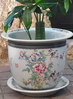 粉彩花盆陶瓷景德镇带托盘特大号