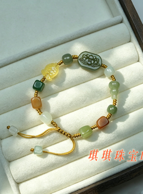 新中式和田玉莲花牌蜜蜡小鱼葫芦多宝手链手工编织可调节女配饰