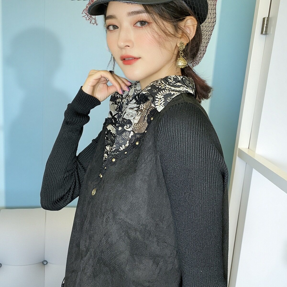 Loose long-sleeved patchwork long-sleeved fake two-piece shirt