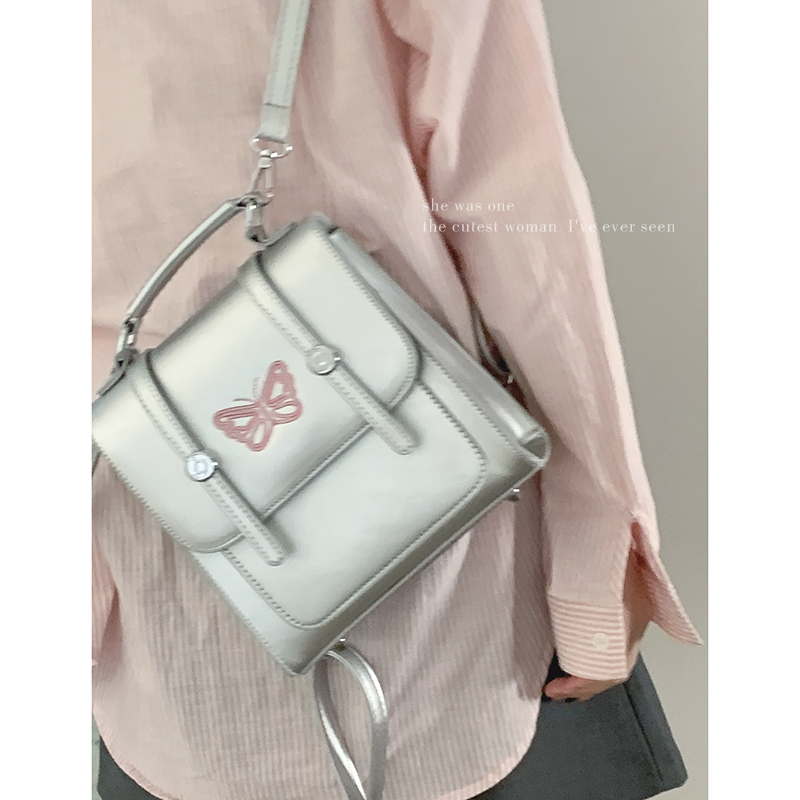 小众银色蝴蝶双肩包包女式2024新款潮时尚学生背包百搭手提旅行包