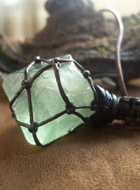 吉祥珠宝天然大颗糖果薄荷绿萤石原石八面体蜡绳编织网兜异域风吊