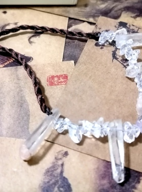 吉祥珠宝天然红泥白水晶柱原石吊坠蜡绳手作项链