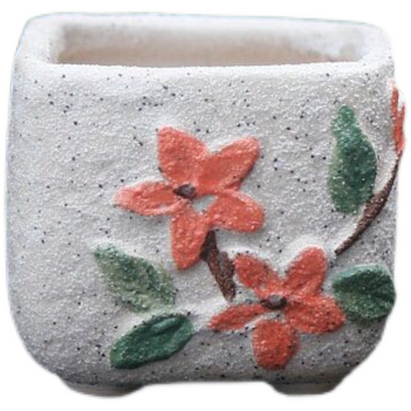 多肉花盆粗陶透气素烧陶瓷迷你拇指盆个性方形磨砂韩式手绘植物盆 - 图3