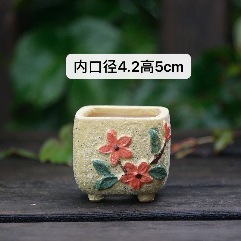 多肉花盆粗陶透气素烧陶瓷迷你拇指盆个性方形磨砂韩式手绘植物盆 - 图1