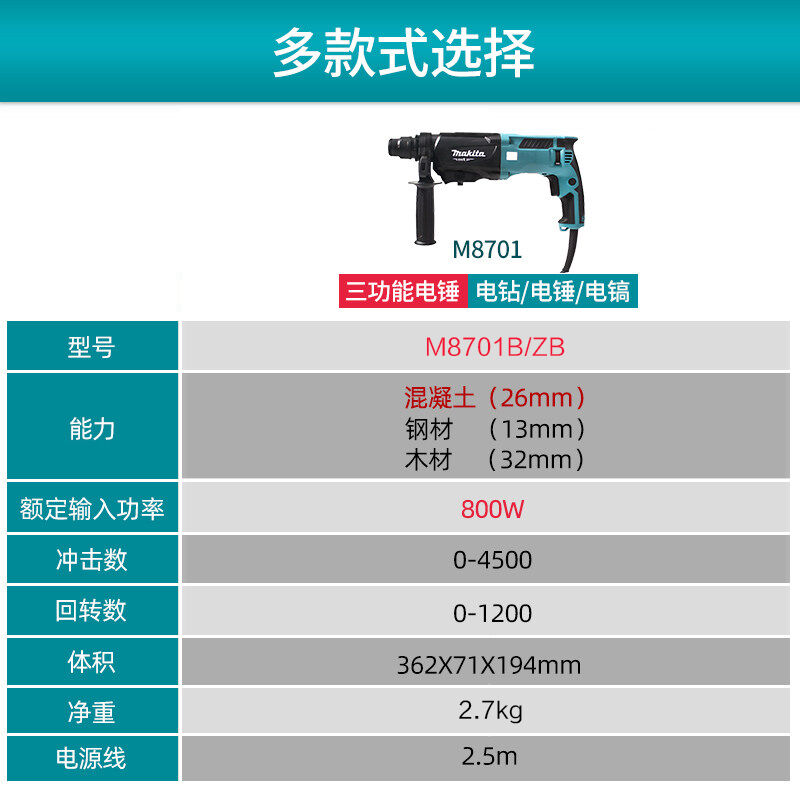 牧田（MAKITA）圆柄四坑电锤M8701B轻型电锤冲击电钻电镐三功能家 - 图0