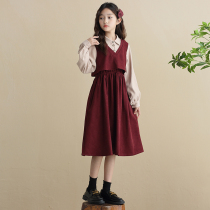 Girls dress Dress Autumn Winter 2023 New CUHK Child Red Light Core Suede Dress New Year Girl Princess Dress Foreign