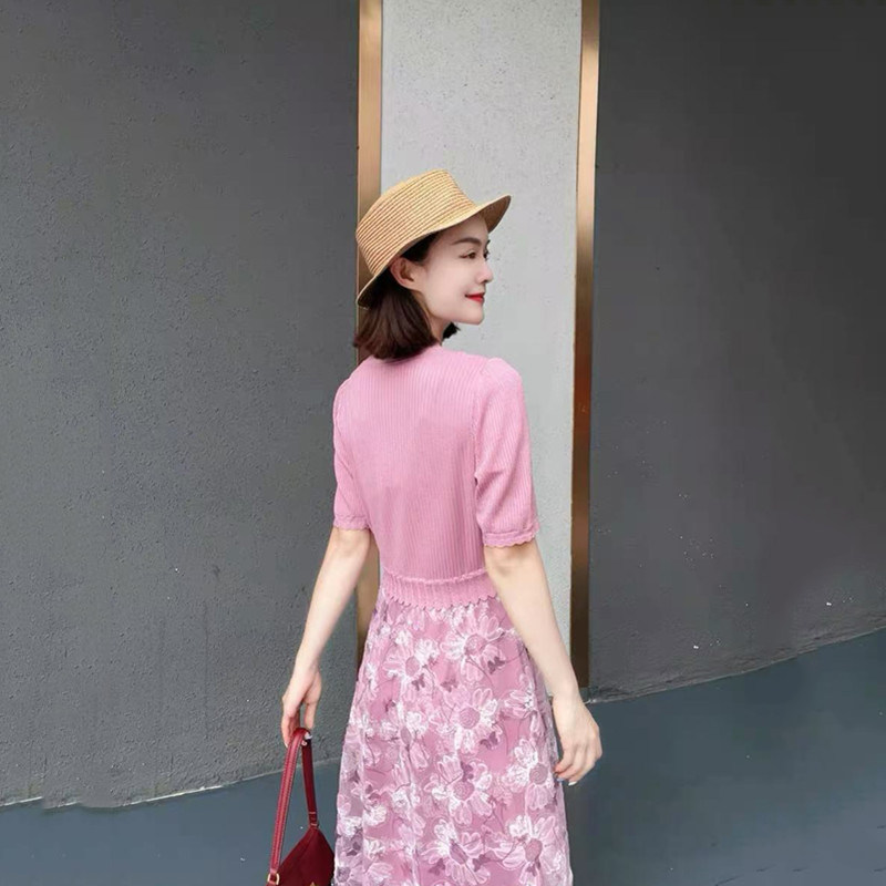 商场同款女装2025夏季新款优雅气质针织V领 拼接连衣裙KD035T1