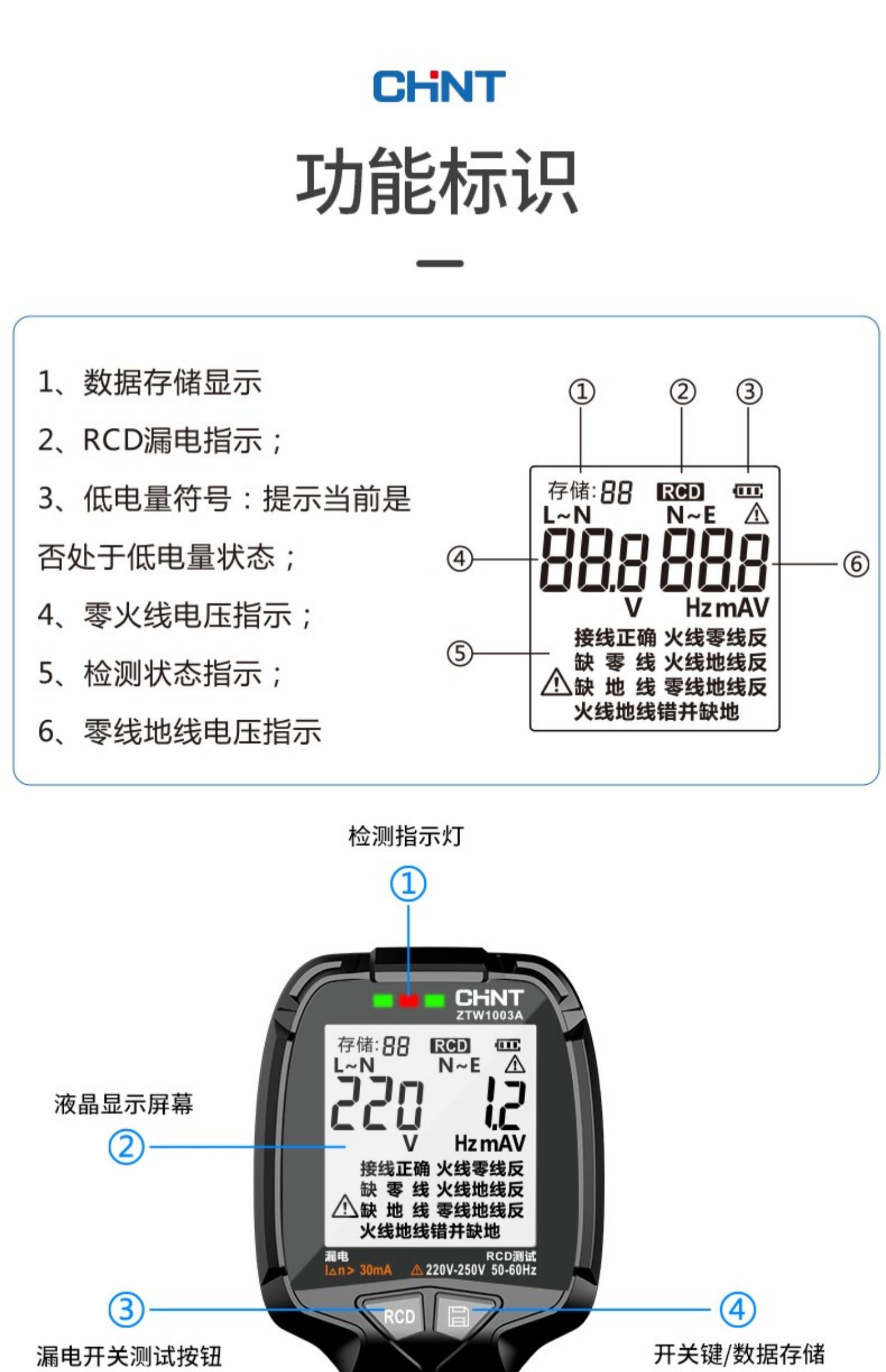 正泰多功能数显电源相位检测仪插座测试仪极性线路ZTW1003A验电器 - 图1