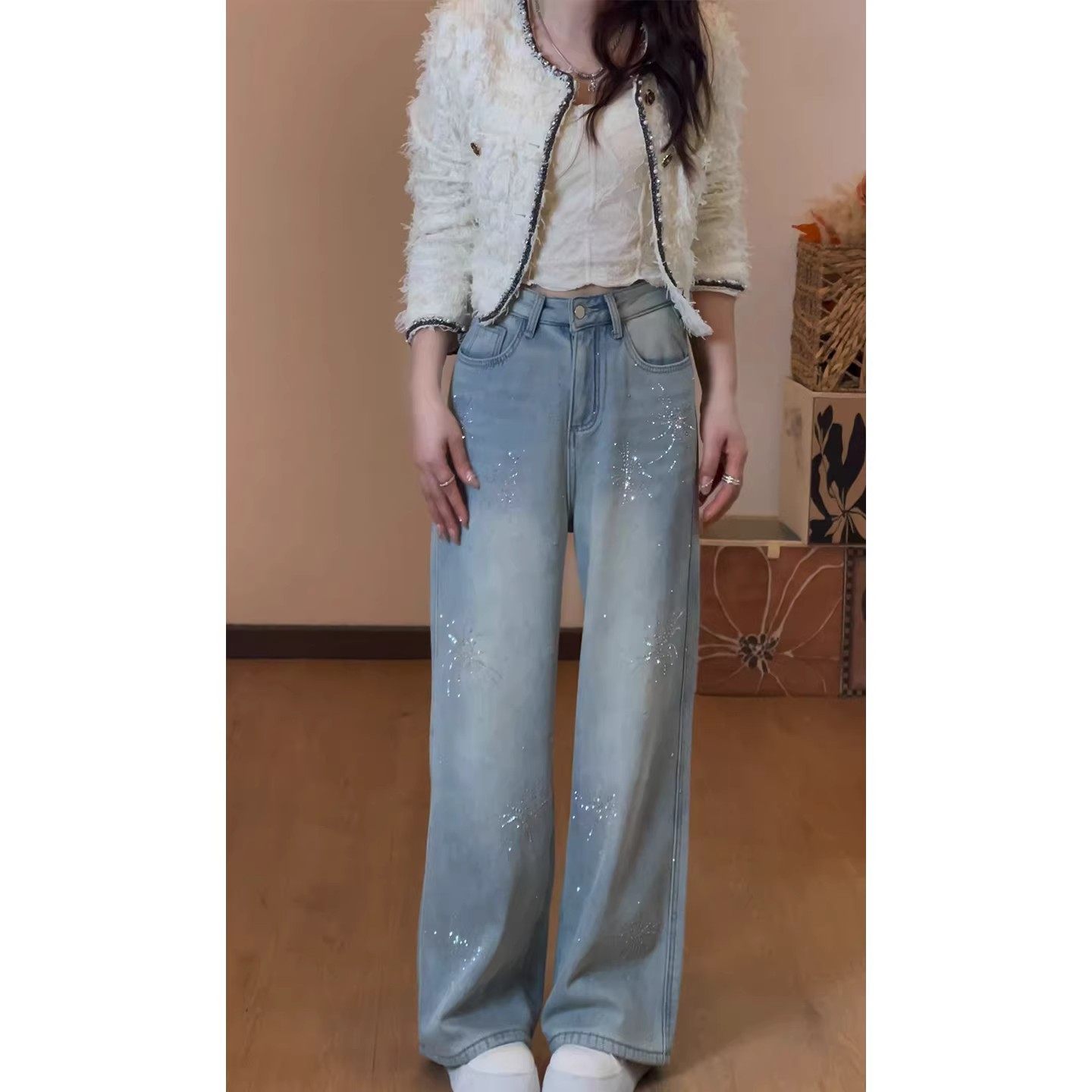 蓝色烫钻加绒窄版阔腿牛仔裤女春季烟花闪钻高腰宽松显瘦直筒裤子,淘宝优惠券,粉丝福利购,淘宝优惠卷