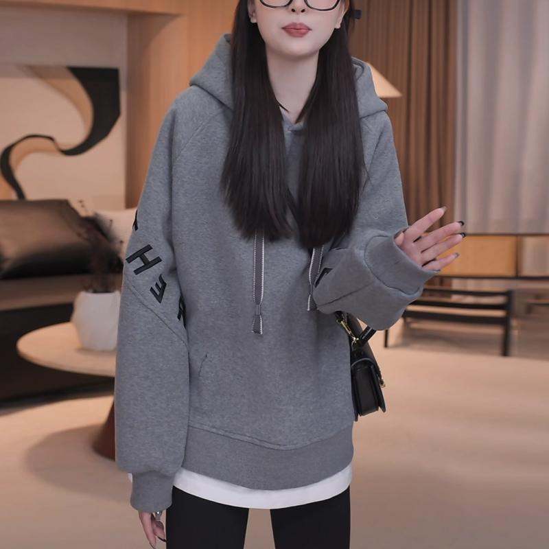 2024秋冬季新款灰色字母刺绣长袖连帽卫衣女加绒加厚百搭遮肚上衣 - 图0