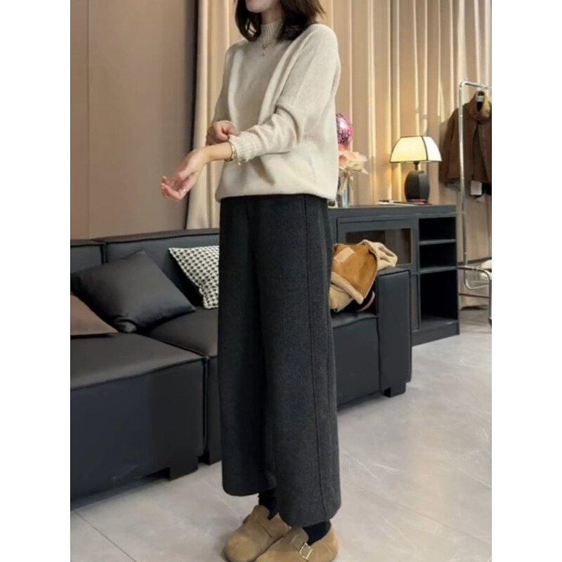 2024冬季新款加绒加厚毛呢奶奶裤女简约百搭小个子直筒阔腿休闲裤,淘宝优惠券,粉丝福利购,淘宝优惠卷