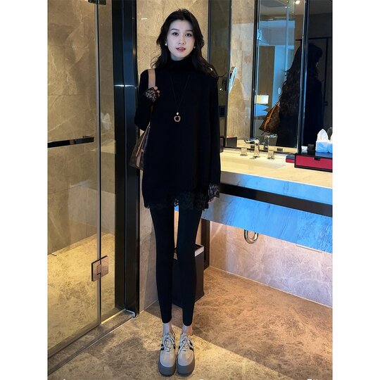 New autumn and winter style irregular hem sleeveless knitted vest suit lace black long-sleeved bottoming shirt two-piece set