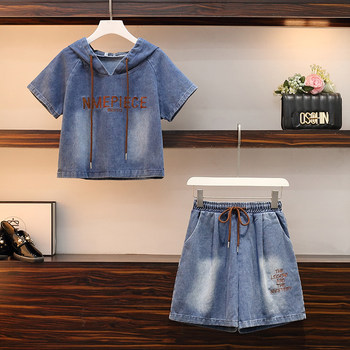 Summer 2024 new temperament goddess style short-sleeved short-sleeved denim suit for women, ຊຸດສອງສິ້ນຄົນອັບເດດ: