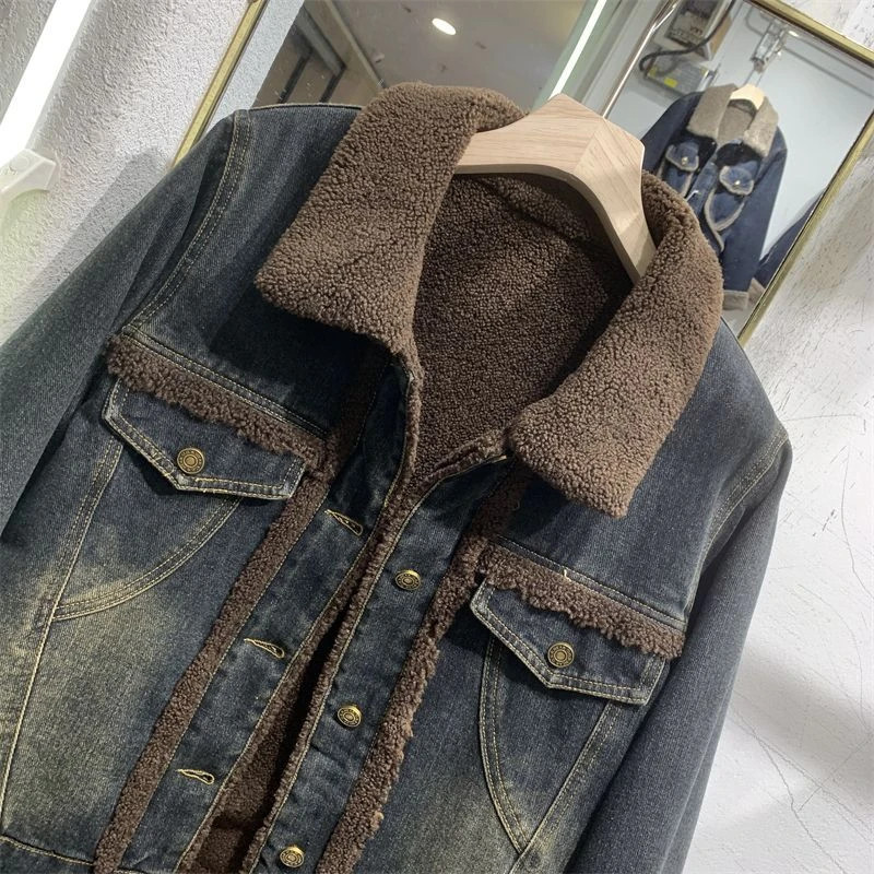 欧货加绒牛仔外套女2024秋冬季新款港风短款上衣毛毛内里派克服潮,淘宝优惠券,粉丝福利购,淘宝优惠卷