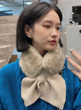 交叉加厚仿兔毛围巾毛绒毛领