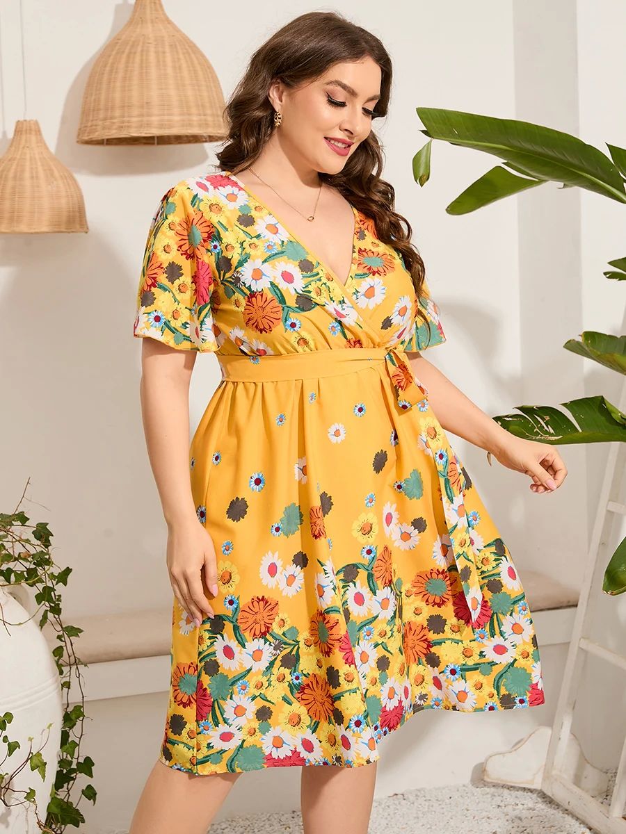 4xl 5xl Plus Size Midi Dress Women 2023 Summer V Neck Short - 图1