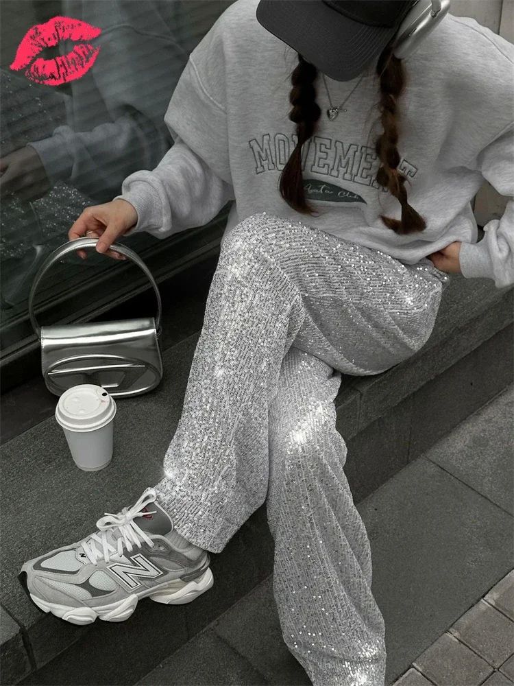 Tossy Silver Sequin Female Trousers High Waist Casual Luxury - 图0