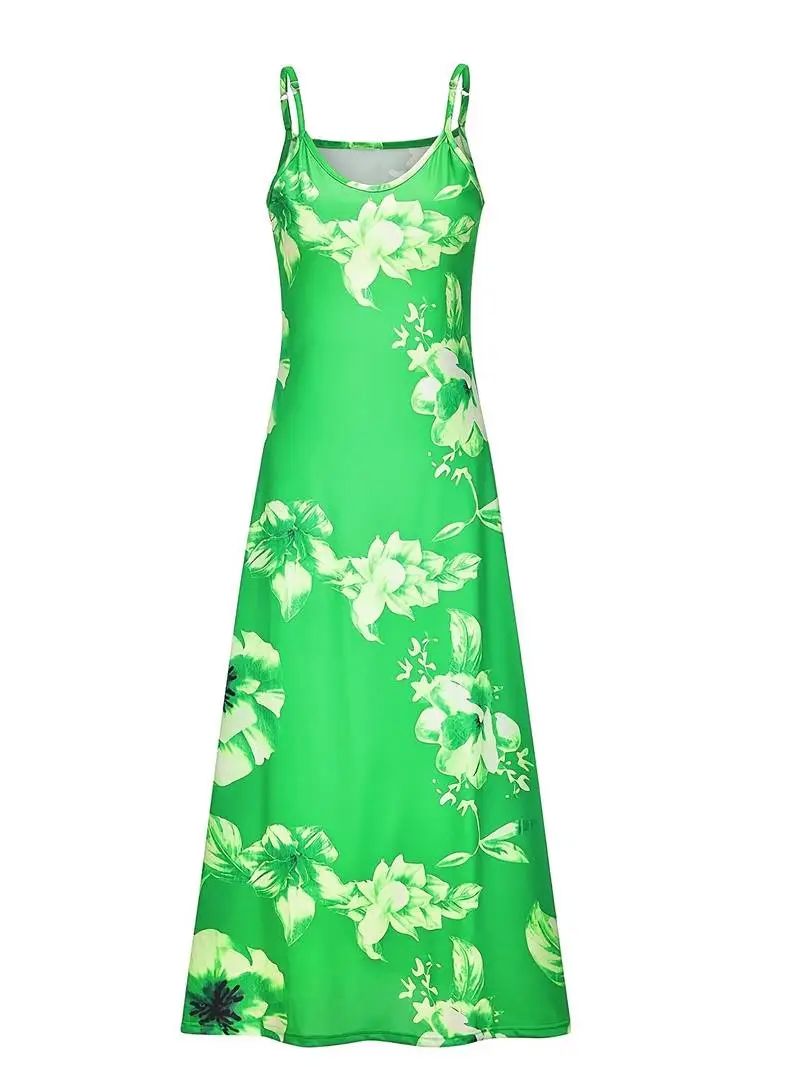 2024 Spring Summer Dress Women Green Floral Print V-Neck Lon - 图1