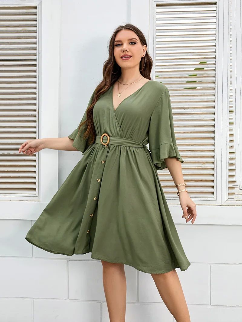 Plus Size Summer Dress for Women Wrap V Neck Ruffle Sleeve S - 图1