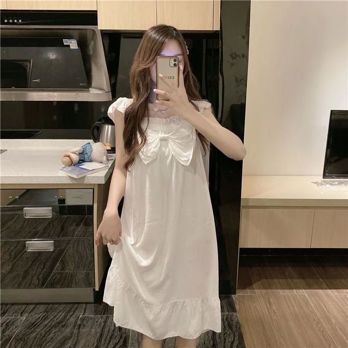 Short Sleeve Pajamas Dress Solid White Sleepwear Summer Sexy - 图3