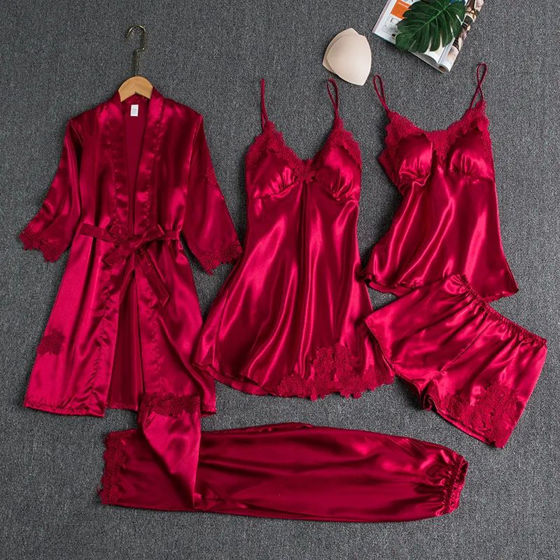 Pajama 5 piece Set Women Lace Trim Satin Sleepwear Pyjamas S - 图1