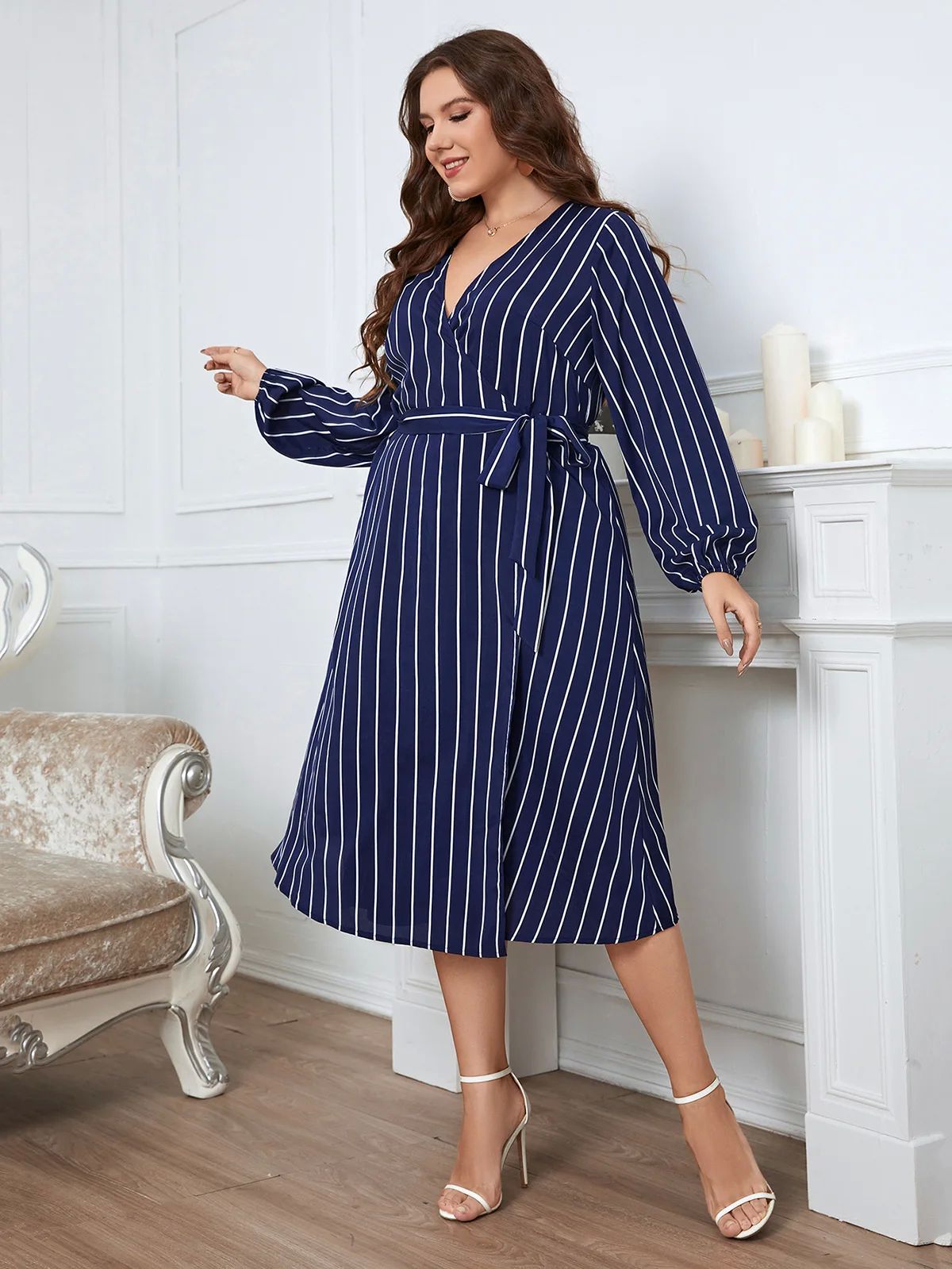 Plus Size Wrap V Neck Women Dress Long Bishop Sleeves Stripe - 图3