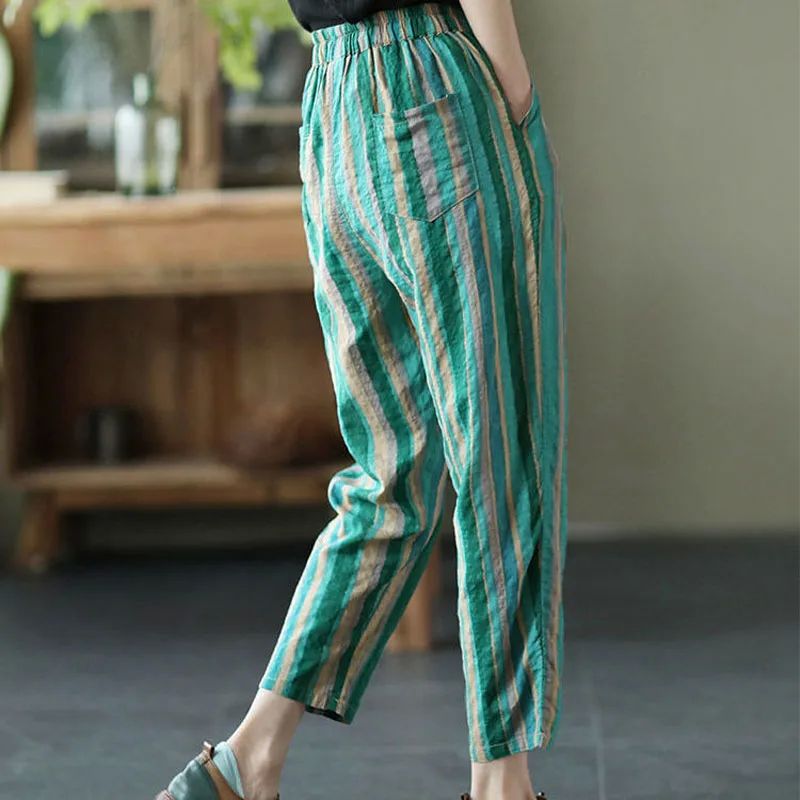 Vintage All-match Elastic Waist Striped Cropped Pants Female - 图0