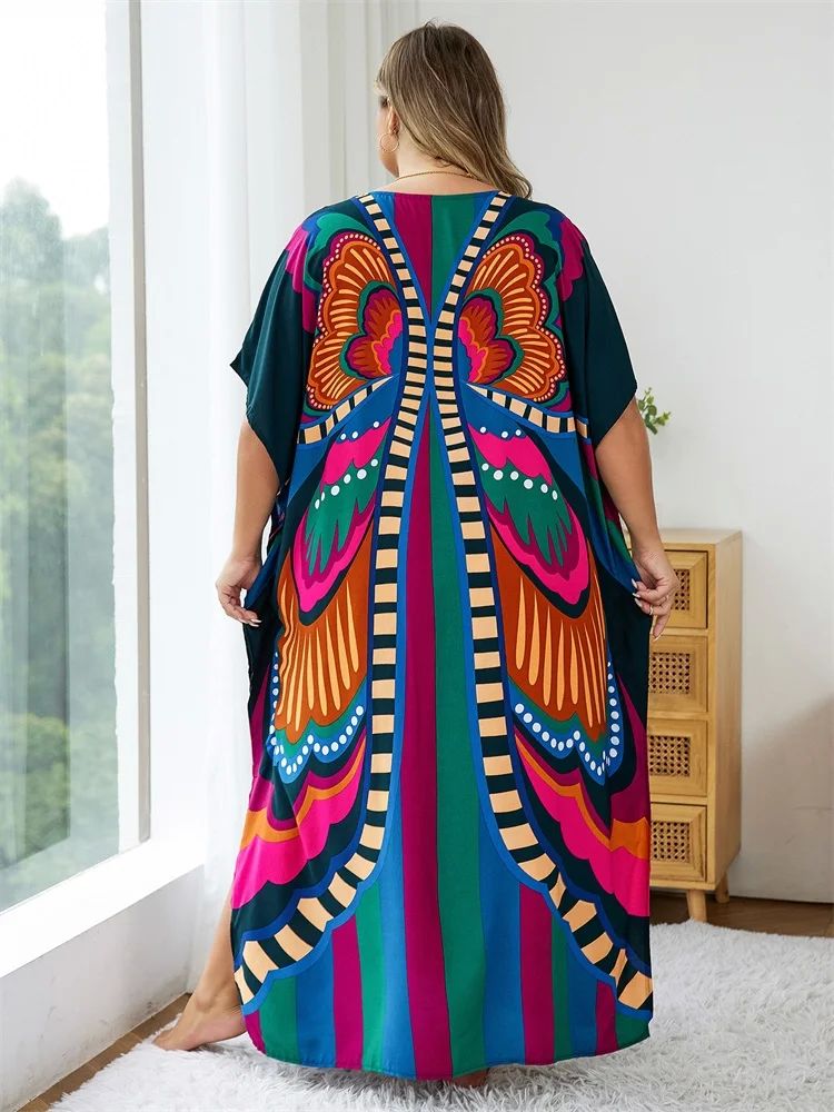 2024 Summer New Plus Size Causal Batwing Sleeve Kaftan Maxi-图0