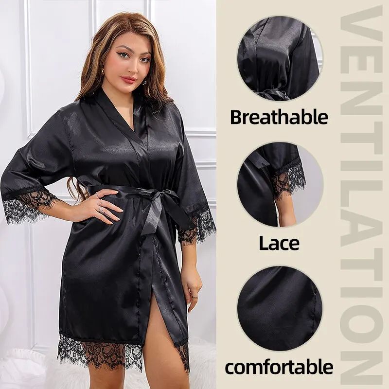 Women Ice Silk Pajamas Robes Sleepwear Nightgowns Nightdress - 图1