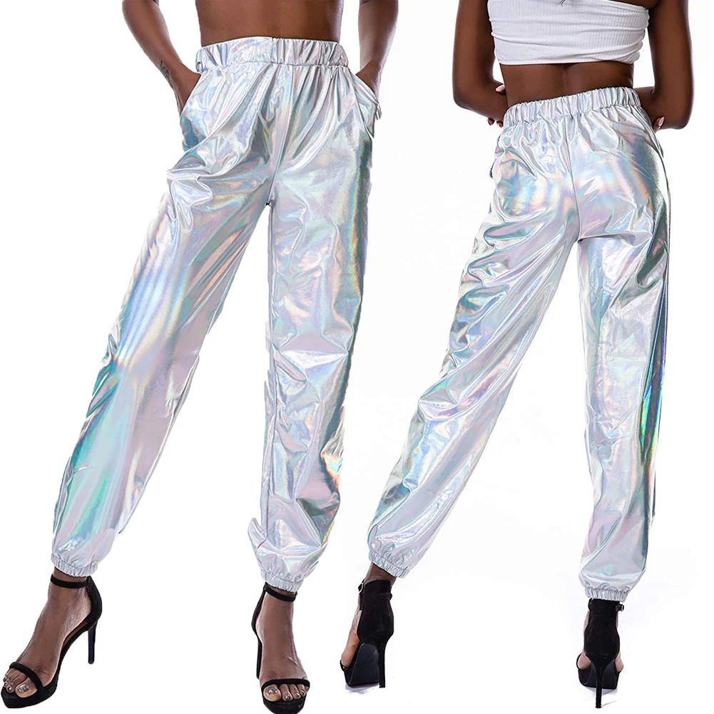 Women Smoothy Reflective Women High Waist Metallic Shiny Jog-图0