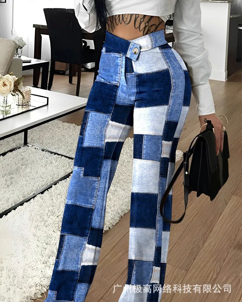 Denim Look Print Overlap Waist Work Pants Women Summer Sprin - 图1