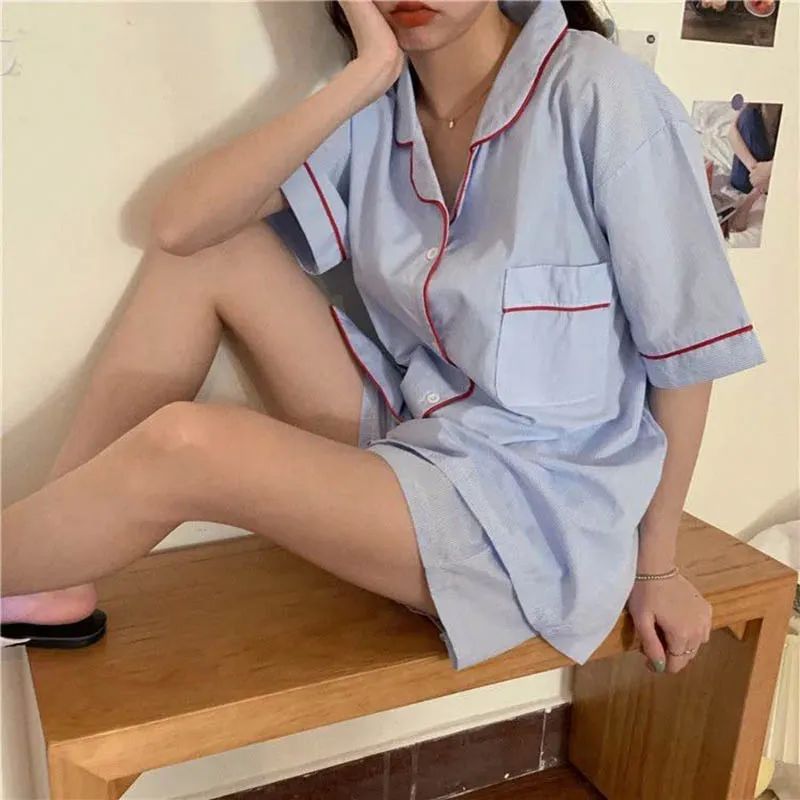 Blue Sleepwear Women Pajamas Shorts Sets Korean Style Pijama - 图2