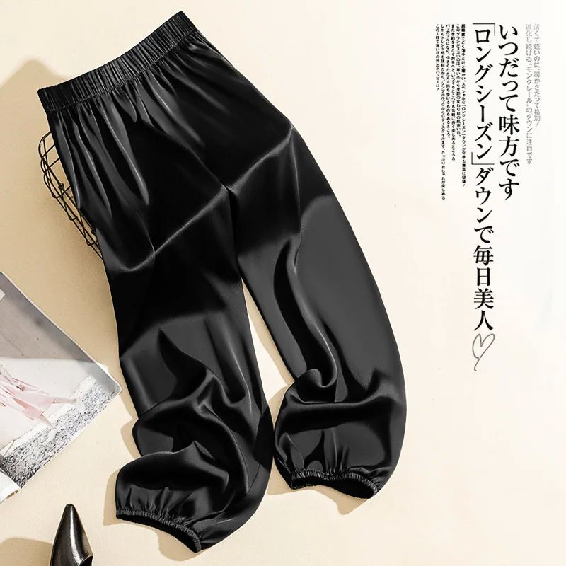 High Waist Ice Silk Acetate Wide Leg Pants for Women Summer - 图2