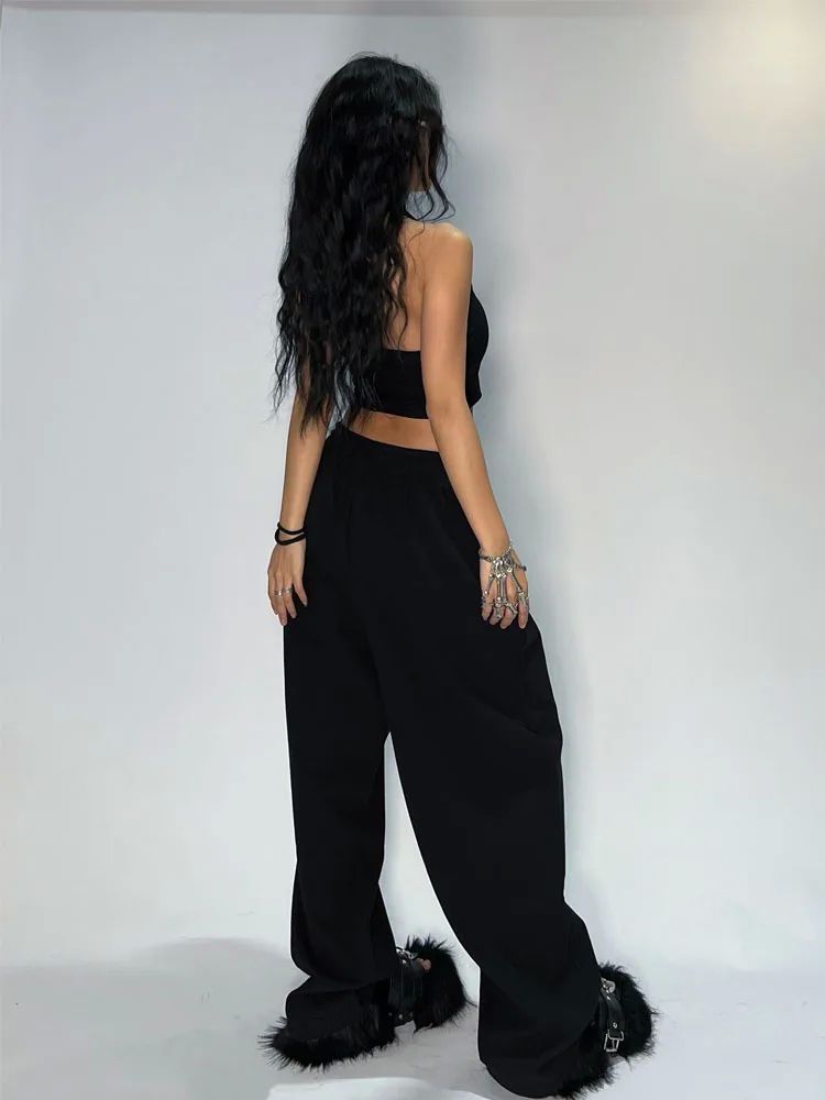 HOUZHOU Casual Black Sweatpants Women Wide Leg Black Joggers - 图3