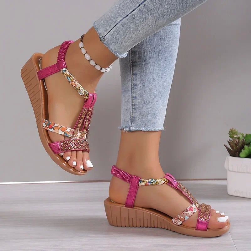 Women Wedge Sandals Summer Bohemia Rhinestones Casual Platfo - 图2