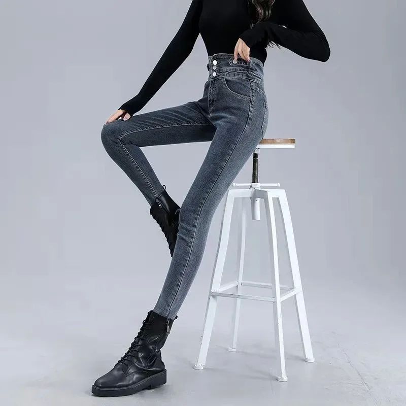 Women Winter Thicken Velvet Lined Skinny Denim Pants Streetw - 图2