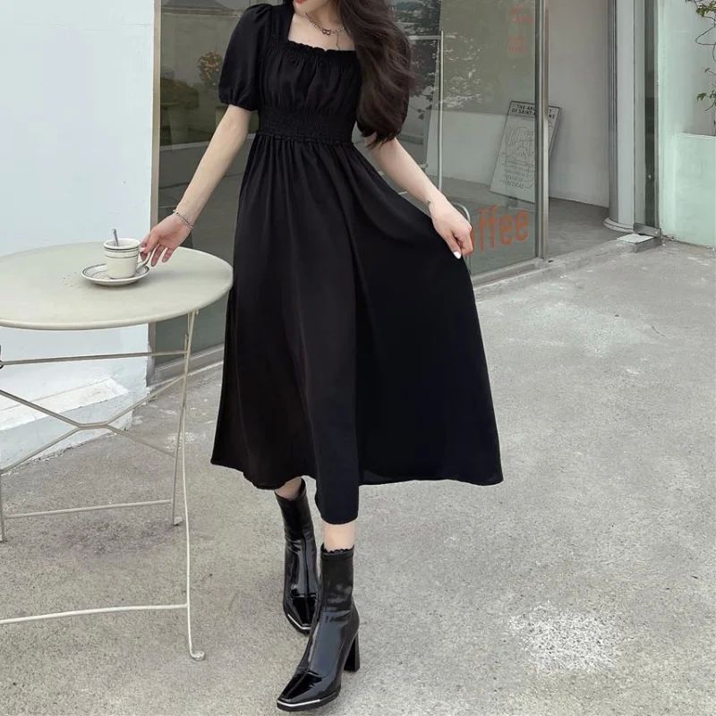 HOUZHOU Black Vintage Midi Dress Elegant Women Dresses Squar-图1