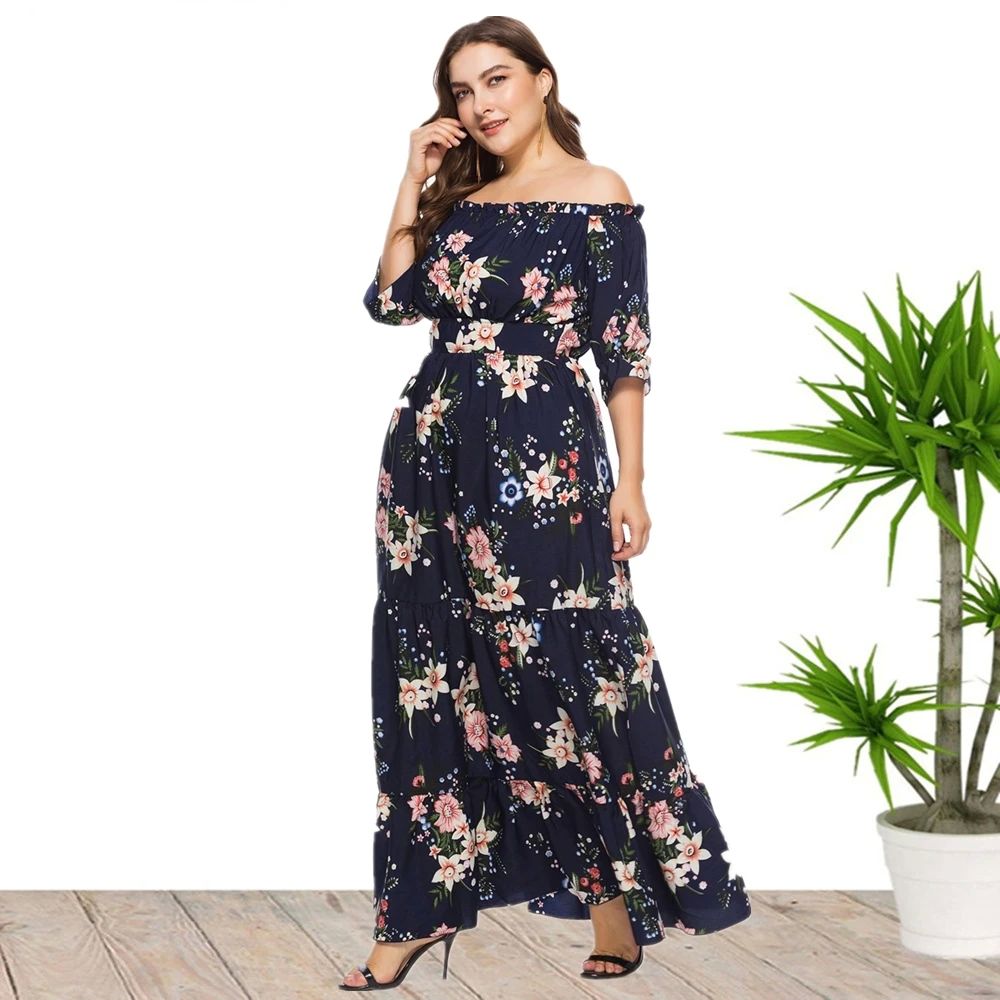 Plus Size Sexy Off Shoulder Floral Print Bohemian Summer Hol - 图0