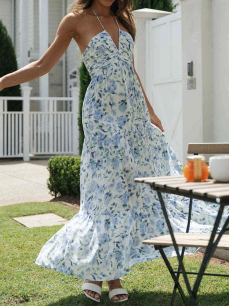 Women's Summer Chiffon Halter V Neck Sleeveless Floral Flowy - 图0