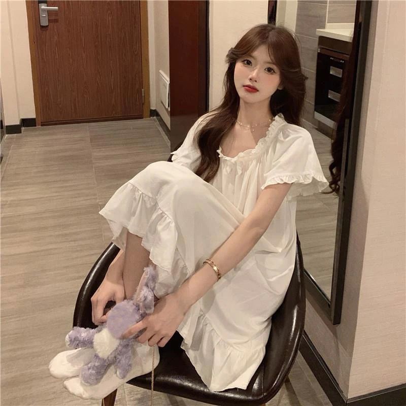 Short Sleeve Pajamas Dress Solid White Sleepwear Summer Sexy - 图1