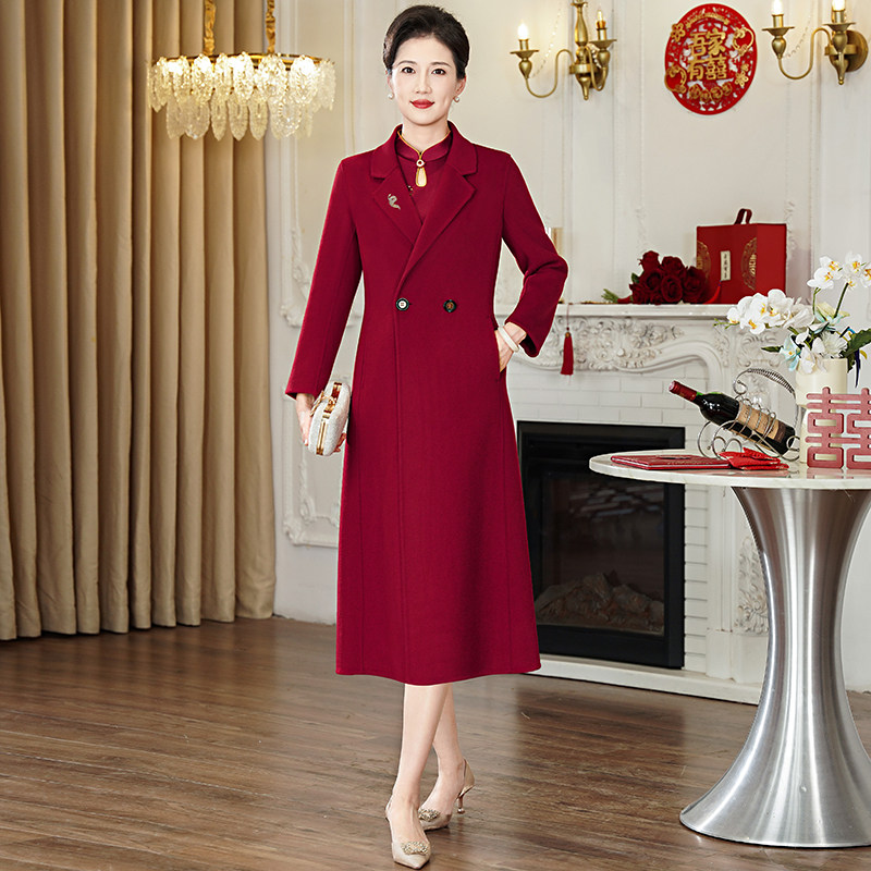 高端喜婆婆婚宴冬装结婚妈妈礼服中长款喜庆羊毛双面呢大衣外套厚