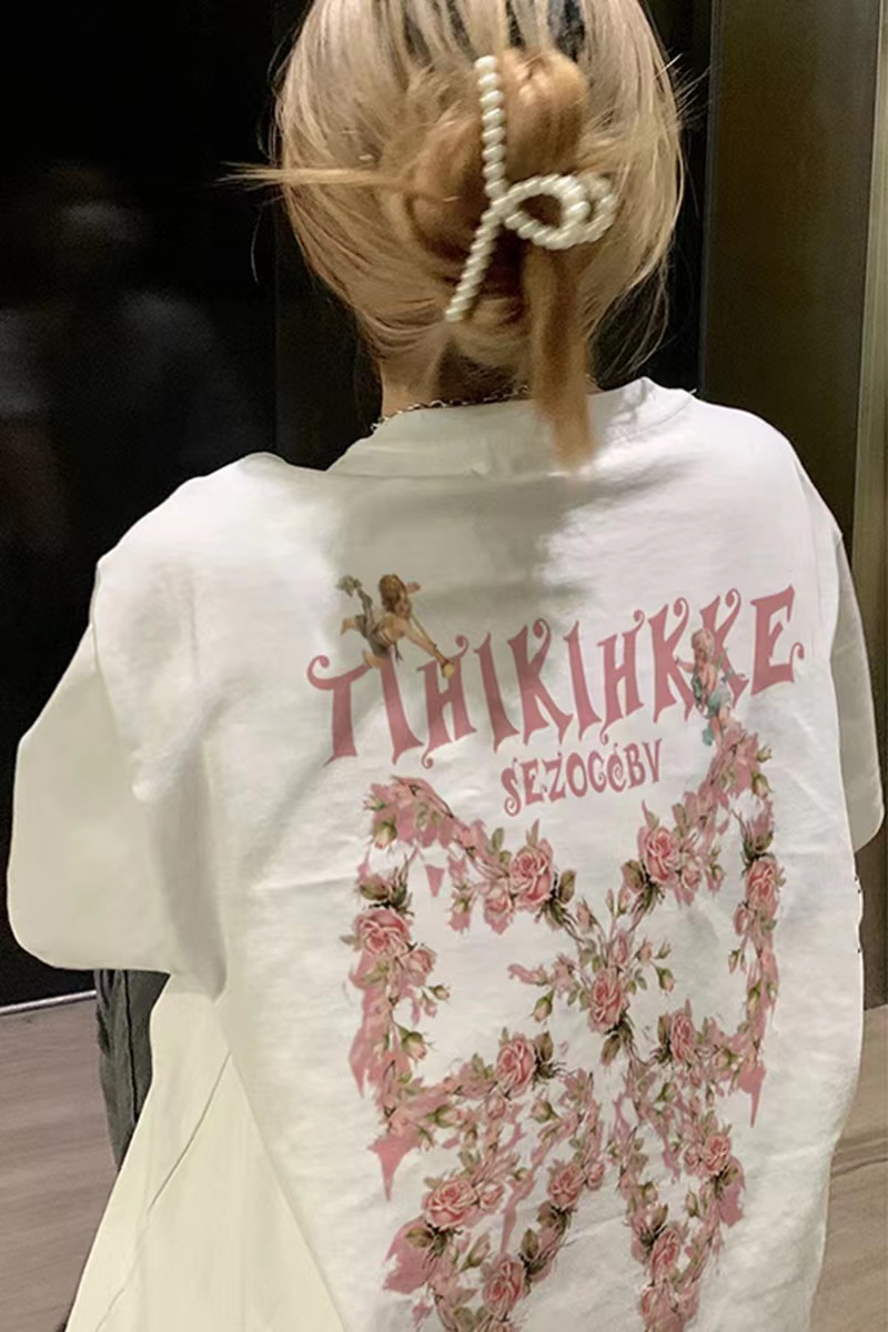 国潮美式复古正肩短袖纯棉t恤女夏季情侣小众独特别致设计感上衣 - 图2